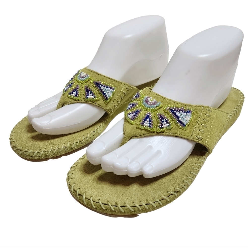 Minnetonka Green Leather Beaded Flip Flop Thong Sandals Size 7 New‎